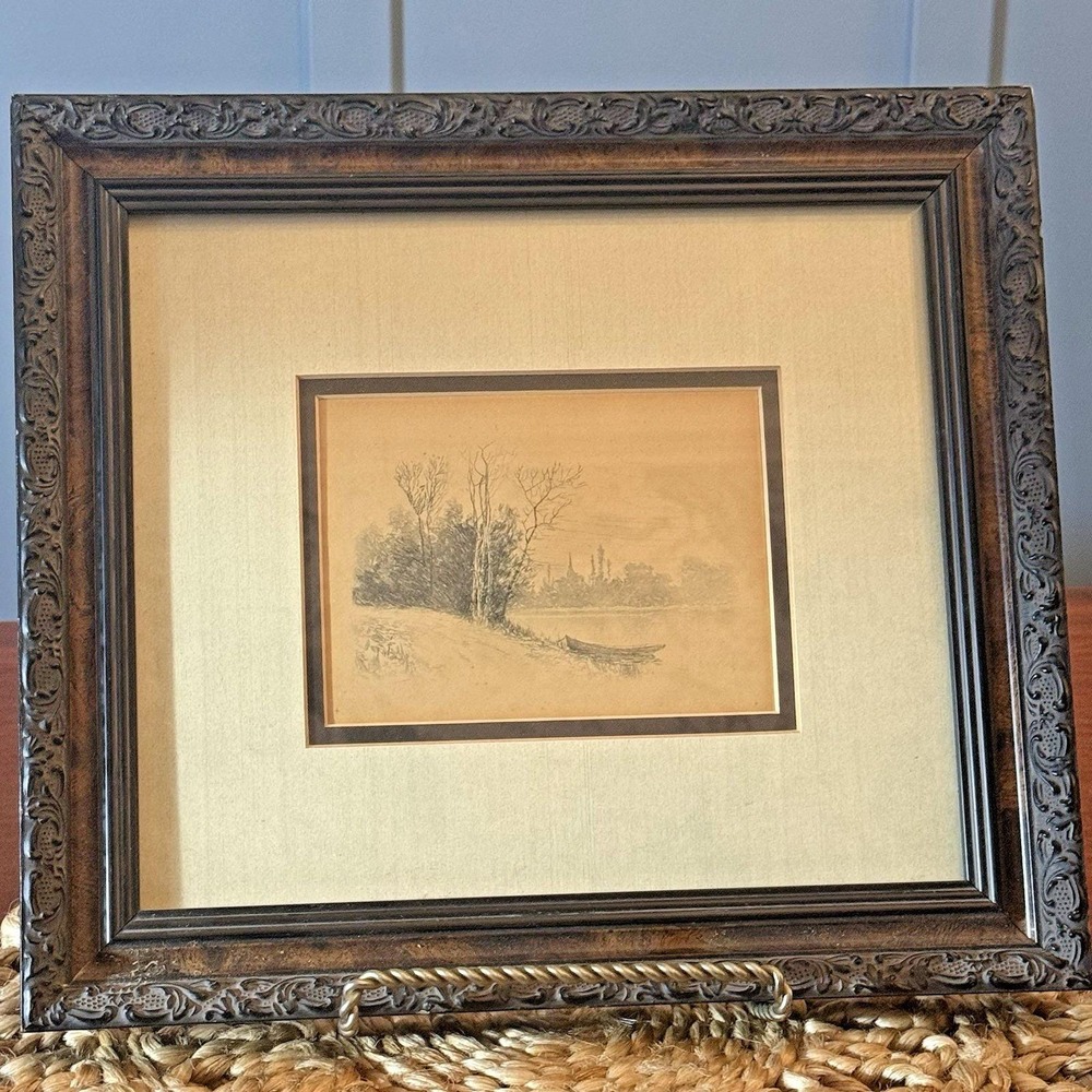 Antique Louis Kinney Harlow Etching‎ Signed (1850-1913) Boat River 5x7 Original